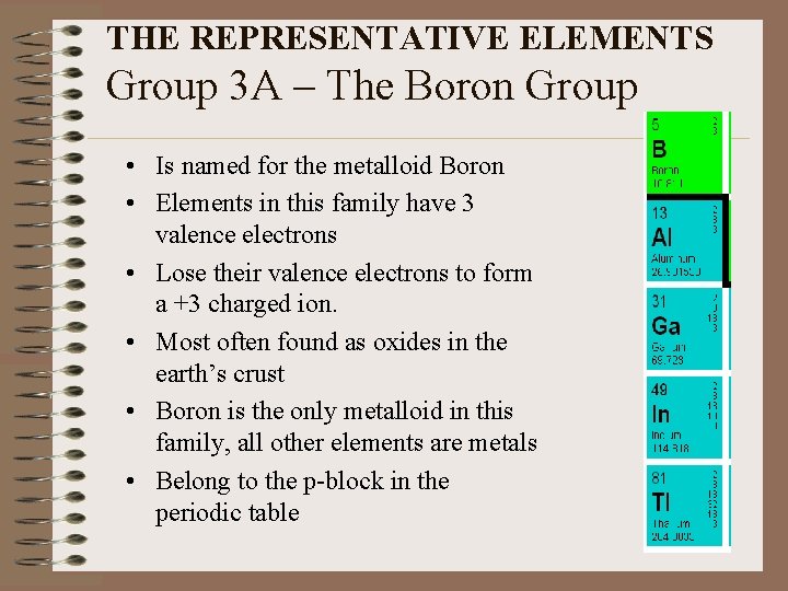 THE REPRESENTATIVE ELEMENTS Group 3 A – The Boron Group • Is named for