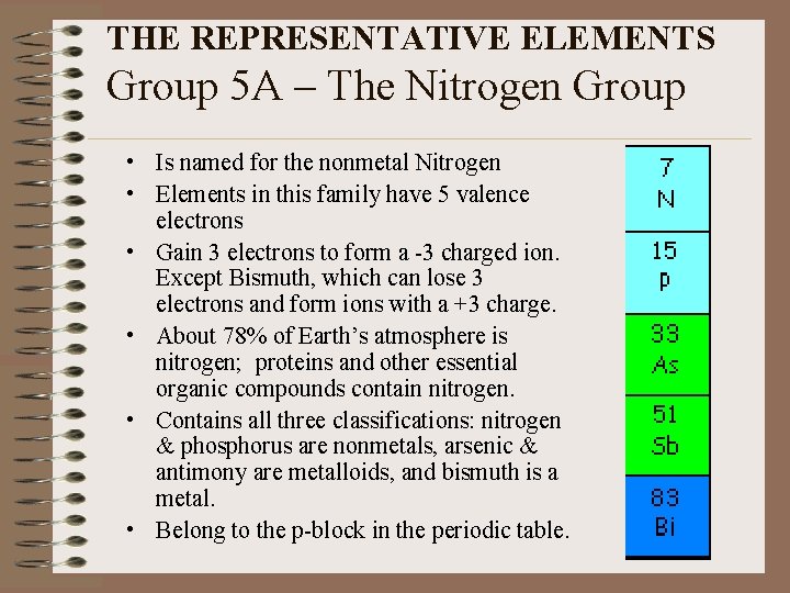 THE REPRESENTATIVE ELEMENTS Group 5 A – The Nitrogen Group • Is named for