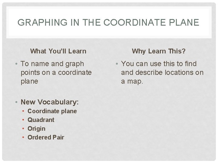 GRAPHING IN THE COORDINATE PLANE What You’ll Learn • To name and graph points