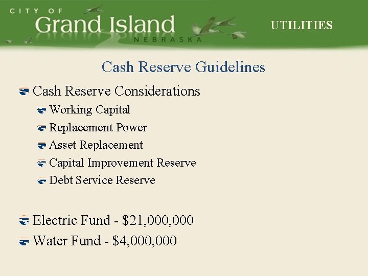 UTILITIES Cash Reserve Guidelines Cash Reserve Considerations Working Capital Replacement Power Asset Replacement Capital