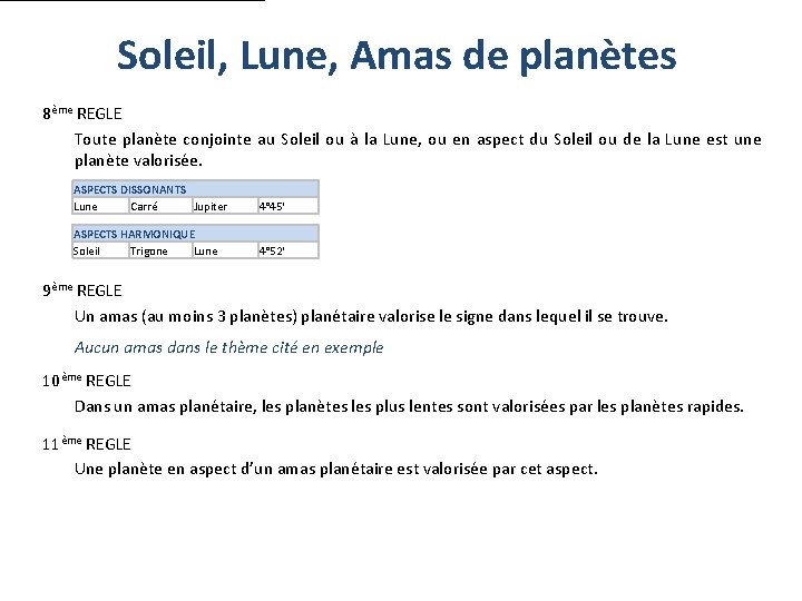 Soleil, Lune, Amas de planètes 8ème REGLE Toute planète conjointe au Soleil ou à