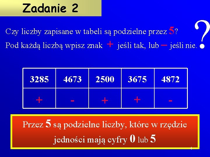 Zadanie 2 ? Czy liczby zapisane w tabeli są podzielne przez 5? Pod każdą