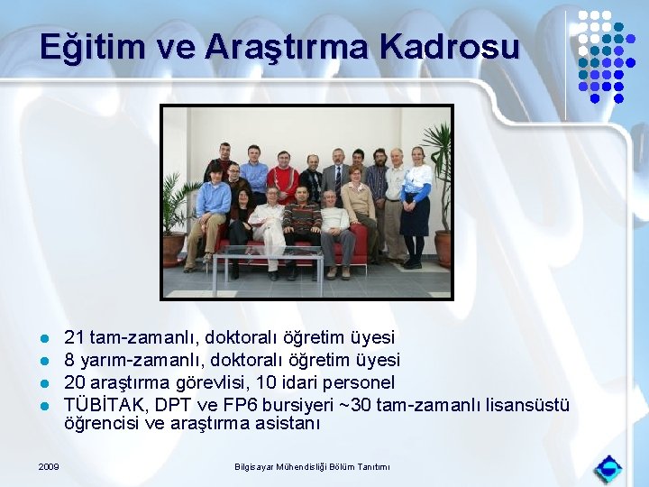 Eğitim ve Araştırma Kadrosu l l 2009 21 tam-zamanlı, doktoralı öğretim üyesi 8 yarım-zamanlı,