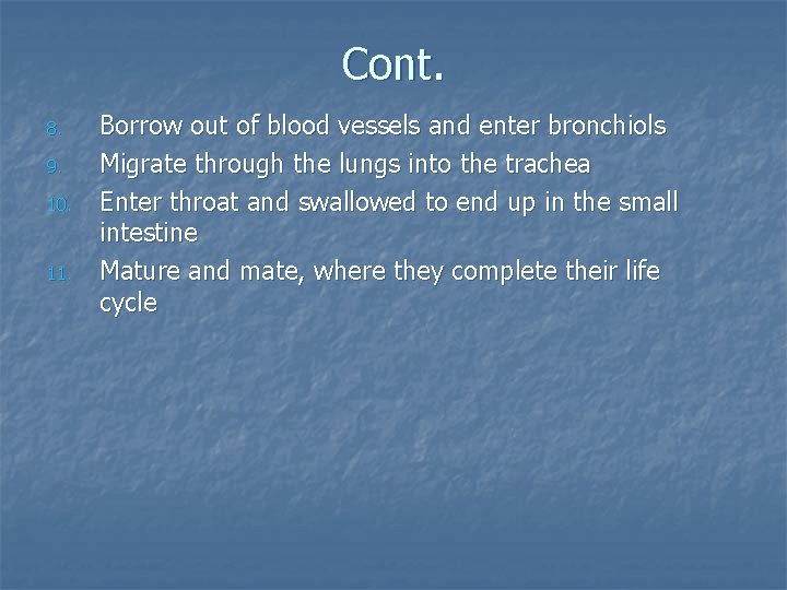 Cont. 8. 9. 10. 11. Borrow out of blood vessels and enter bronchiols Migrate
