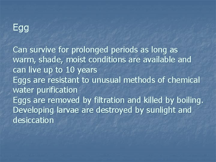 Egg Can survive for prolonged periods as long as warm, shade, moist conditions are