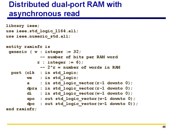 Distributed dual-port RAM with asynchronous read library ieee; use ieee. std_logic_1164. all; use ieee.