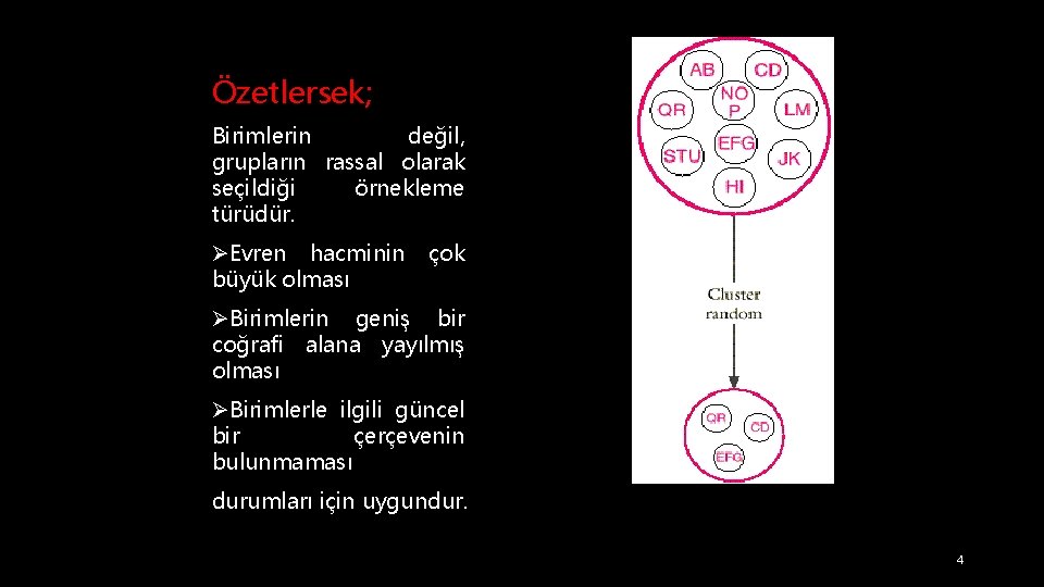 Özetlersek; Birimlerin değil, grupların rassal olarak seçildiği örnekleme türüdür. ØEvren hacminin büyük olması çok