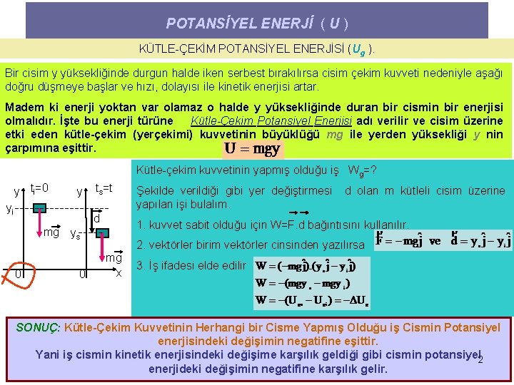 POTANSİYEL ENERJİ ( U ) KÜTLE-ÇEKİM POTANSİYEL ENERJİSİ (Ug ). Bir cisim y yüksekliğinde