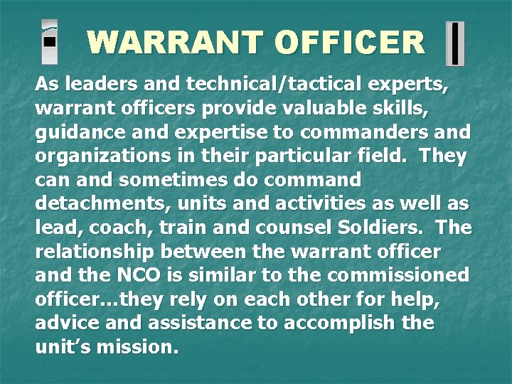 WARRANT OFFICER As leaders and technical/tactical experts, warrant officers provide valuable skills, guidance and