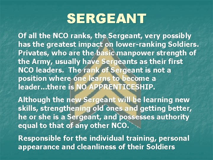 SERGEANT Of all the NCO ranks, the Sergeant, very possibly has the greatest impact
