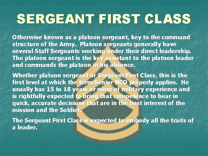 SERGEANT FIRST CLASS Otherwise known as a platoon sergeant, key to the command structure