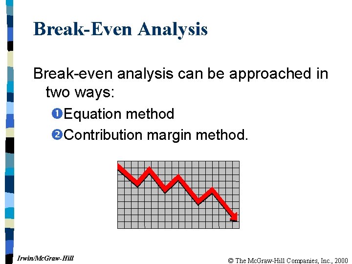Break-Even Analysis Break-even analysis can be approached in two ways: Equation method Contribution margin