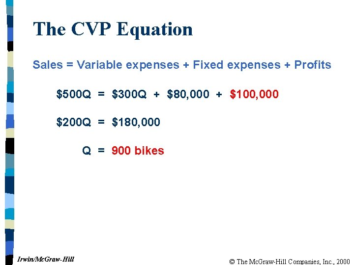 The CVP Equation Sales = Variable expenses + Fixed expenses + Profits $500 Q