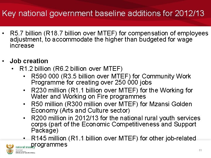 Key national government baseline additions for 2012/13 • R 5. 7 billion (R 18.