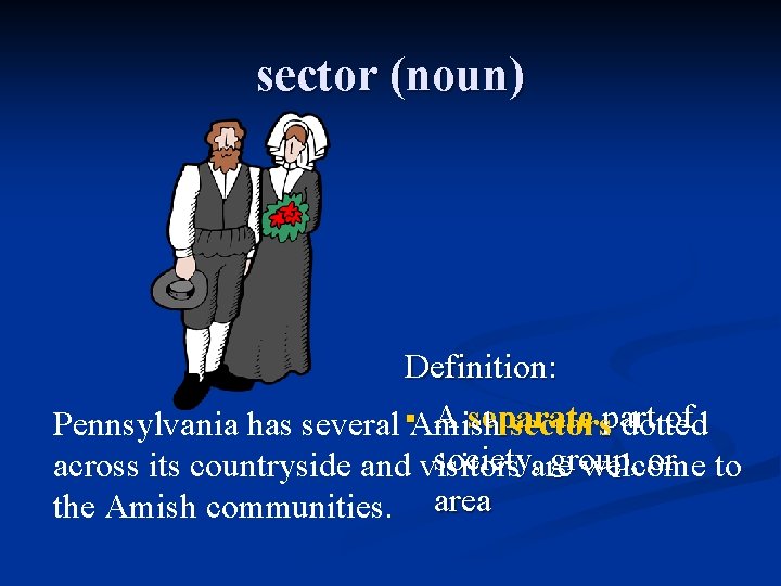 sector (noun) Definition: A separate of Pennsylvania has several §Amish sectorspart dotted society, are