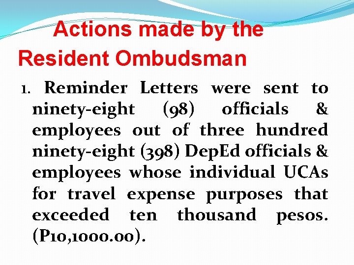 Actions made by the Resident Ombudsman 1. Reminder Letters were sent to ninety-eight (98)