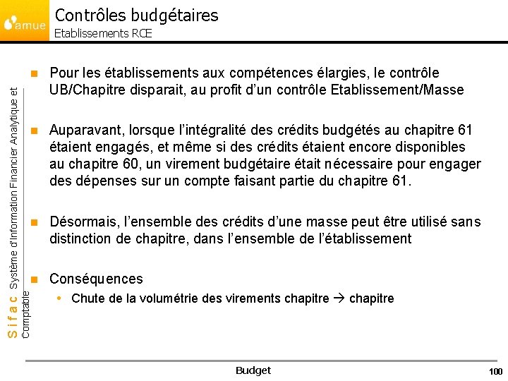 Contrôles budgétaires n Pour les établissements aux compétences élargies, le contrôle UB/Chapitre disparait, au