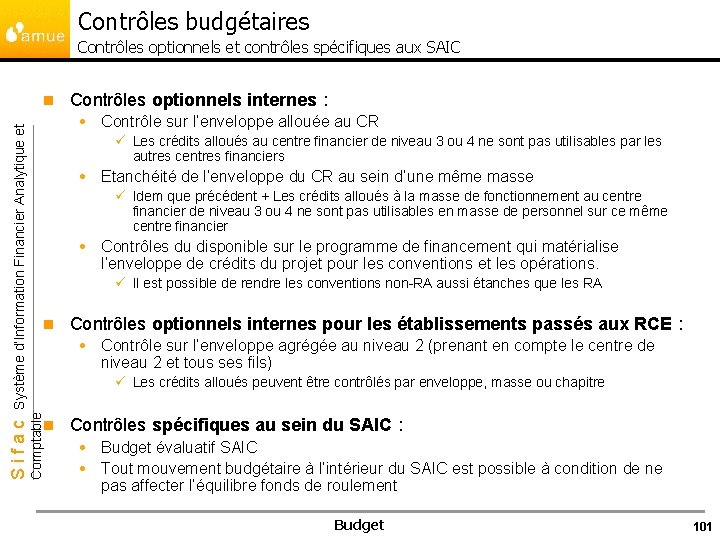 Contrôles budgétaires Contrôles optionnels et contrôles spécifiques aux SAIC Contrôles optionnels internes : Contrôle