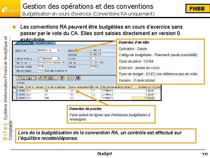 Gestion des opérations et des conventions Budgétisation en cours d’exercice (Conventions RA uniquement) Les