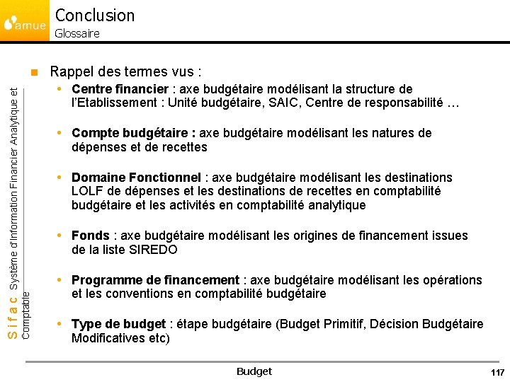 Conclusion Glossaire n Centre financier : axe budgétaire modélisant la structure de l’Etablissement :