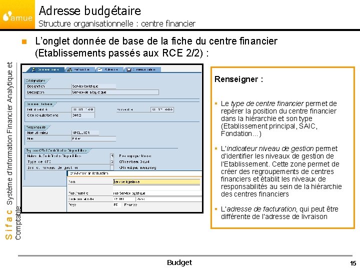 Adresse budgétaire Structure organisationnelle : centre financier L’onglet donnée de base de la fiche