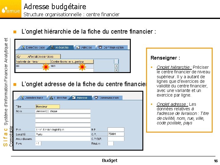 Adresse budgétaire Structure organisationnelle : centre financier L’onglet hiérarchie de la fiche du centre