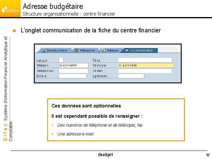 Adresse budgétaire Structure organisationnelle : centre financier L’onglet communication de la fiche du centre