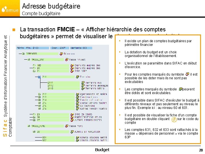 Adresse budgétaire Compte budgétaire La transaction FMCIE – « Afficher hiérarchie des comptes budgétaires