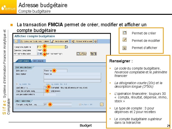 Adresse budgétaire Compte budgétaire La transaction FMCIA permet de créer, modifier et afficher un