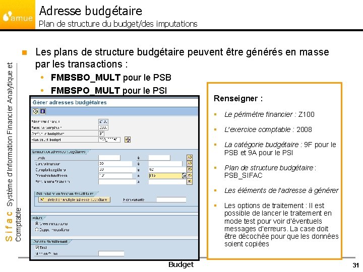 Adresse budgétaire Plan de structure du budget/des imputations Les plans de structure budgétaire peuvent