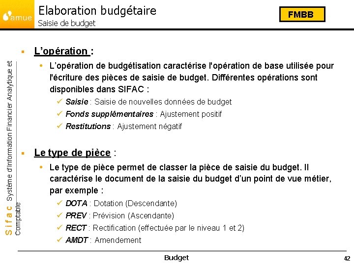 Elaboration budgétaire FMBB Saisie de budget L’opération : L’opération de budgétisation caractérise l'opération de