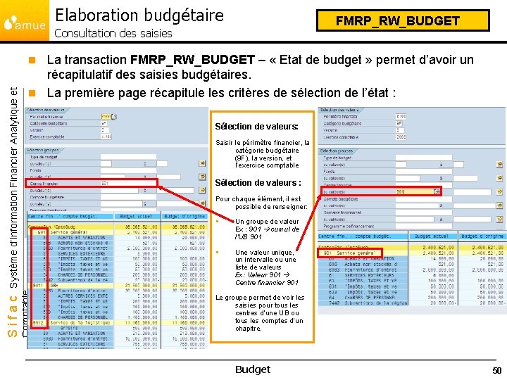 Elaboration budgétaire FMRP_RW_BUDGET Consultation des saisies La transaction FMRP_RW_BUDGET – « Etat de budget