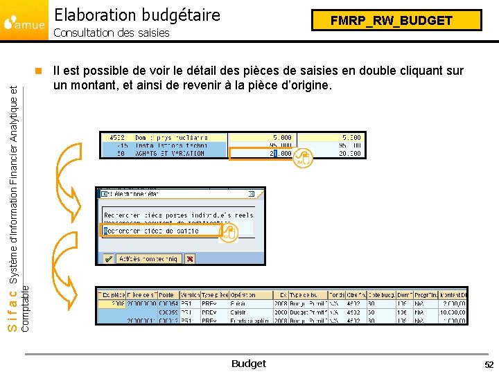 Elaboration budgétaire FMRP_RW_BUDGET Consultation des saisies Il est possible de voir le détail des