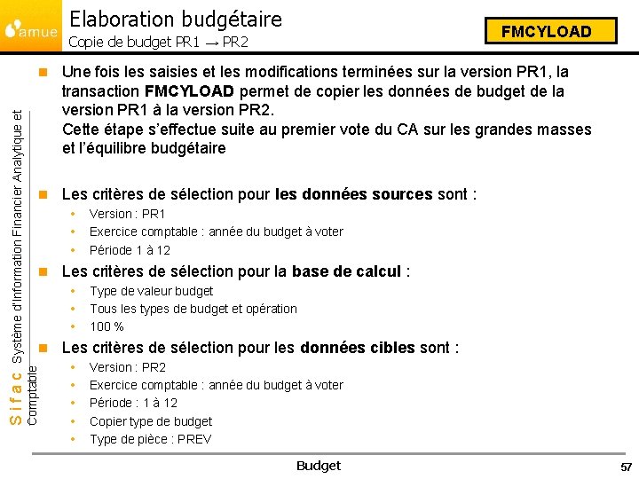 Elaboration budgétaire FMCYLOAD n Une fois les saisies et les modifications terminées sur la