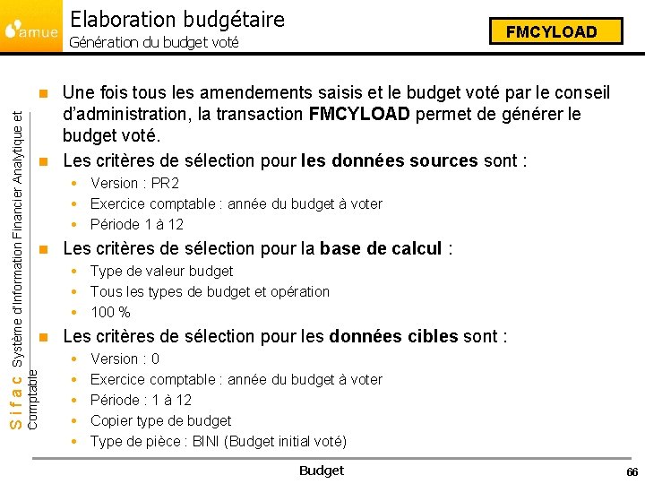 Elaboration budgétaire FMCYLOAD Génération du budget voté Une fois tous les amendements saisis et
