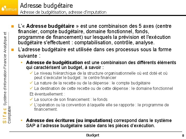 Adresse budgétaire Adresse de budgétisation, adresse d’imputation L’ « Adresse budgétaire » est une