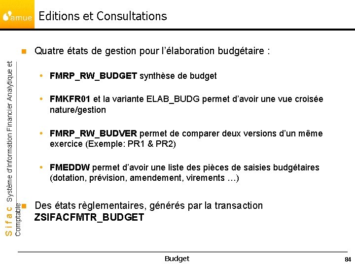 Editions et Consultations Quatre états de gestion pour l’élaboration budgétaire : FMRP_RW_BUDGET synthèse de
