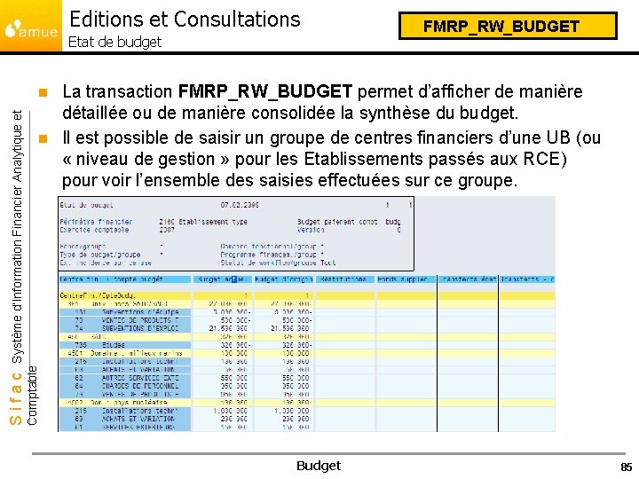Editions et Consultations Etat de budget FMRP_RW_BUDGET La transaction FMRP_RW_BUDGET permet d’afficher de manière