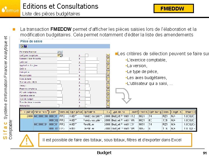 Editions et Consultations FMEDDW Liste des pièces budgétaires La transaction FMEDDW permet d’afficher les