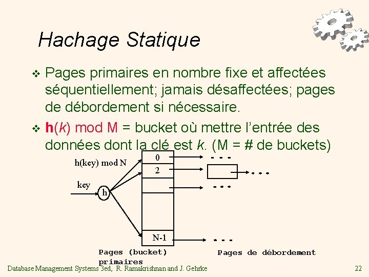 Hachage Statique Pages primaires en nombre fixe et affectées séquentiellement; jamais désaffectées; pages de