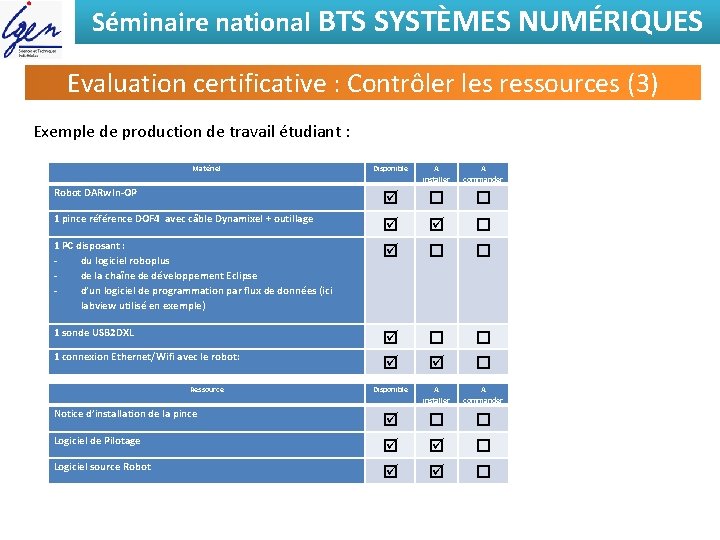 Séminaire national BTS SYSTÈMES NUMÉRIQUES Evaluation certificative : Contrôler les ressources (3) Exemple de