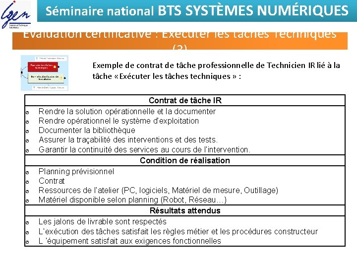 Séminaire national BTS SYSTÈMES NUMÉRIQUES Evaluation certificative : Exécuter les tâches Techniques (3) Exemple