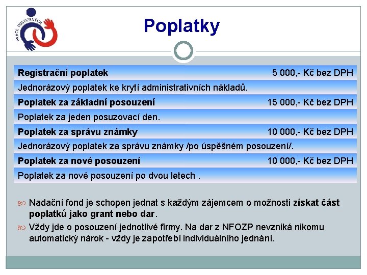 Poplatky Registrační poplatek 5 000, - Kč bez DPH Jednorázový poplatek ke krytí administrativních