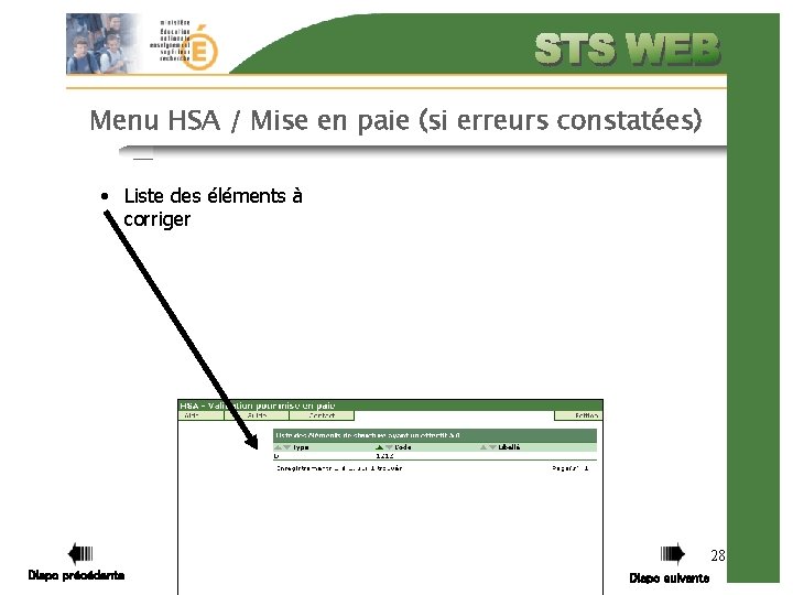 Menu HSA / Mise en paie (si erreurs constatées) • Liste des éléments à