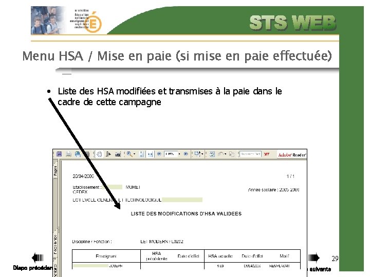 Menu HSA / Mise en paie (si mise en paie effectuée) • Liste des