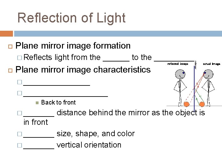 Reflection of Light Plane mirror image formation � Reflects light from the ______ to
