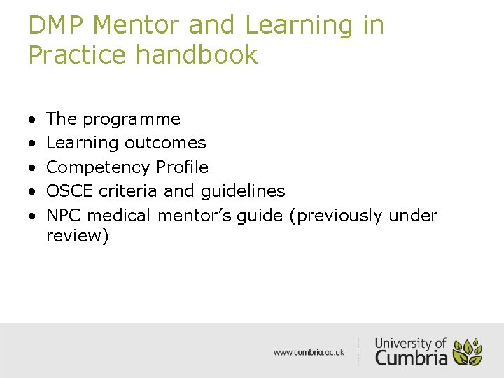 DMP Mentor and Learning in Practice handbook • • • The programme Learning outcomes