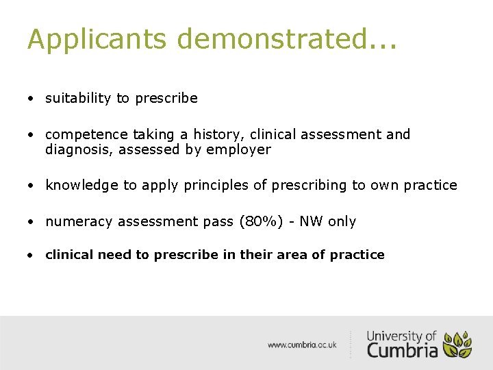 Applicants demonstrated. . . • suitability to prescribe • competence taking a history, clinical