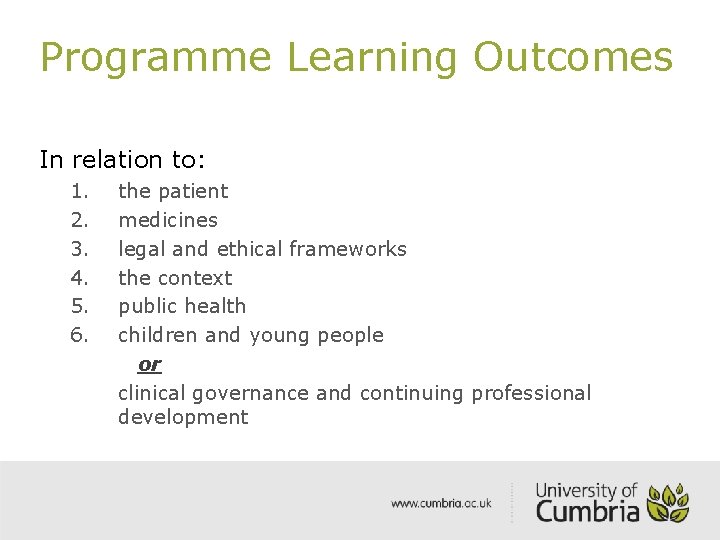 Programme Learning Outcomes In relation to: 1. 2. 3. 4. 5. 6. the patient