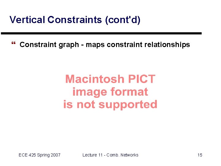 Vertical Constraints (cont'd) } Constraint graph - maps constraint relationships ECE 425 Spring 2007 Vertical Constraints (cont'd) } Constraint graph - maps constraint relationships ECE 425 Spring 2007